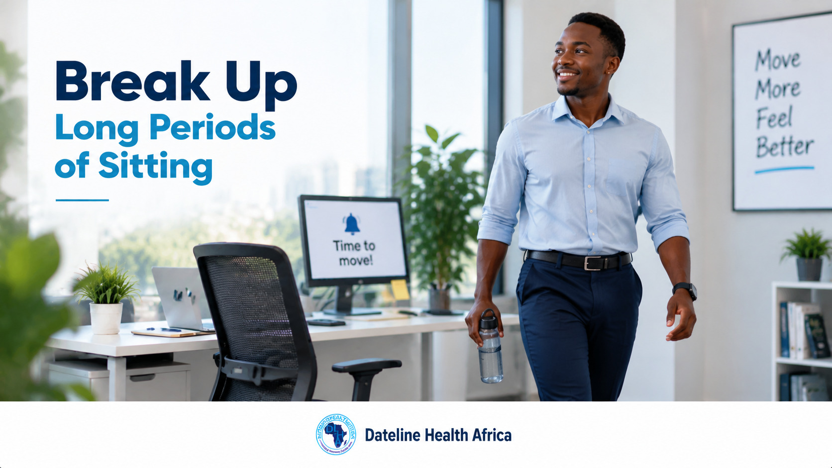 An African office worker taking a movement break after sitting for too long to support a healthier back.